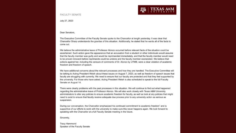 Texas A&M Faculty Senate to meet with Acting President over suspended professor