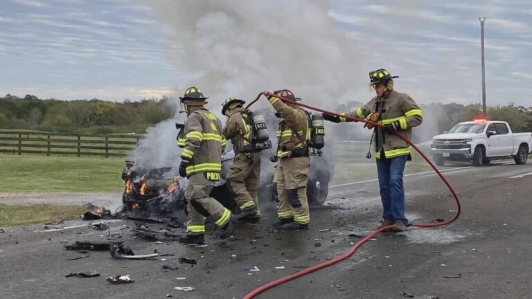 Trooper vehicle catches fire following crash with EMS truck