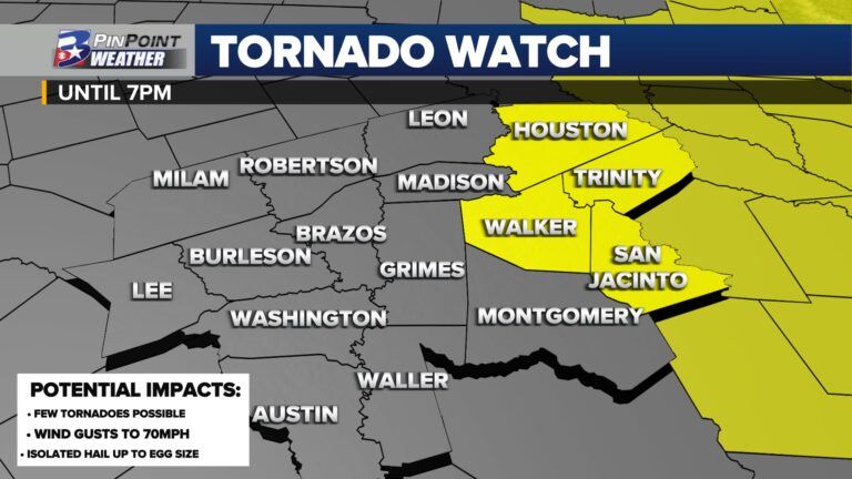 Tornado WATCH issued for the Eastern Brazos Valley until early Monday evening