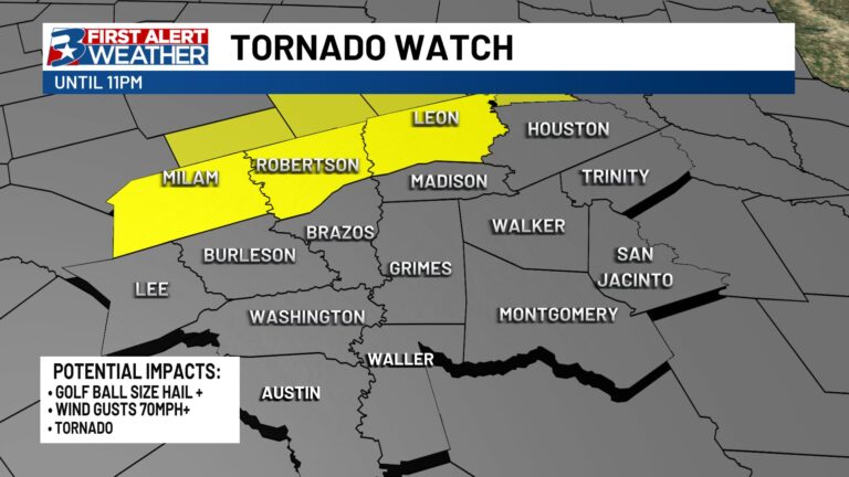 Tornado WATCH issued for Milam, Robertson, Leon counties until 11pm