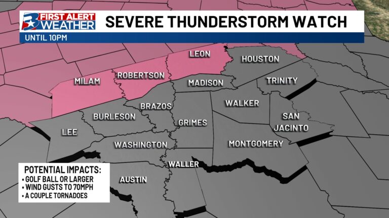 Severe Thunderstorm WATCH issued for Milam, Robertson, Leon counties until 11pm