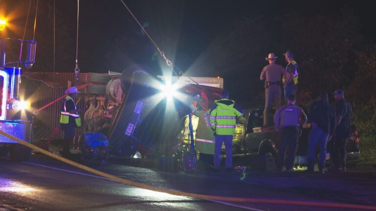 Strong winds blow 18-wheeler onto pickup truck near Franklin