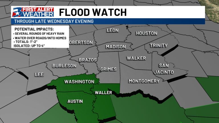 Flood Watch for southwestern portions of the area through Wednesday